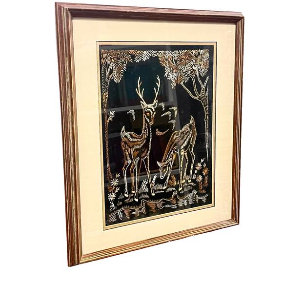 VTG 1930s Embroidery Under Glass DEER ART Framed Doe Buck Forest Stream 18.5x22" - Picture 9 of 9